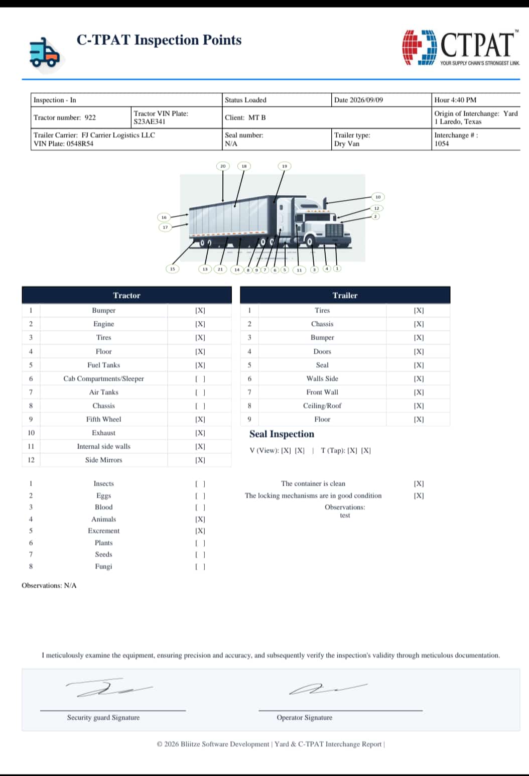 Bliitze Interchange 17-point CTPAT inspection record